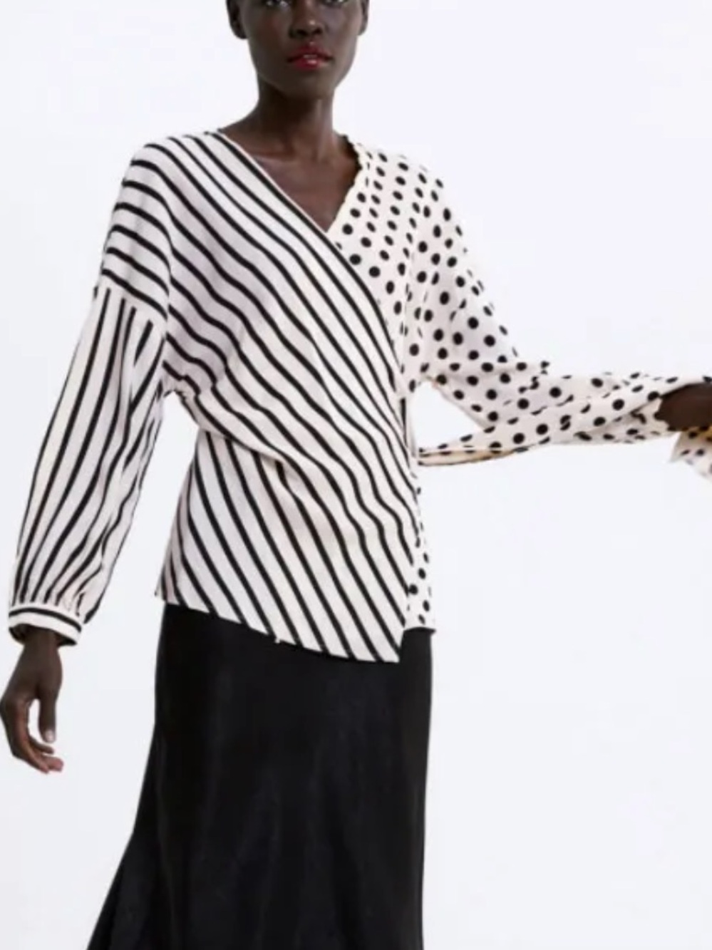 Zara Black and White Mixed-Print Wrap Blouse
